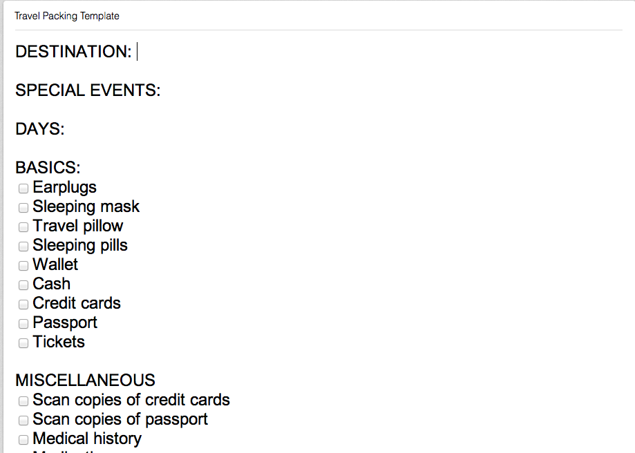 evernote travel packing template